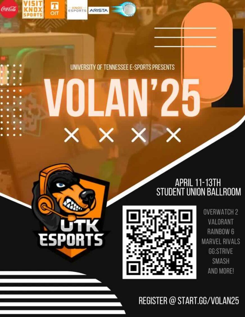 Poster for Volan 2025, depicting mascot Smokey wearing a bright orange gaming headset